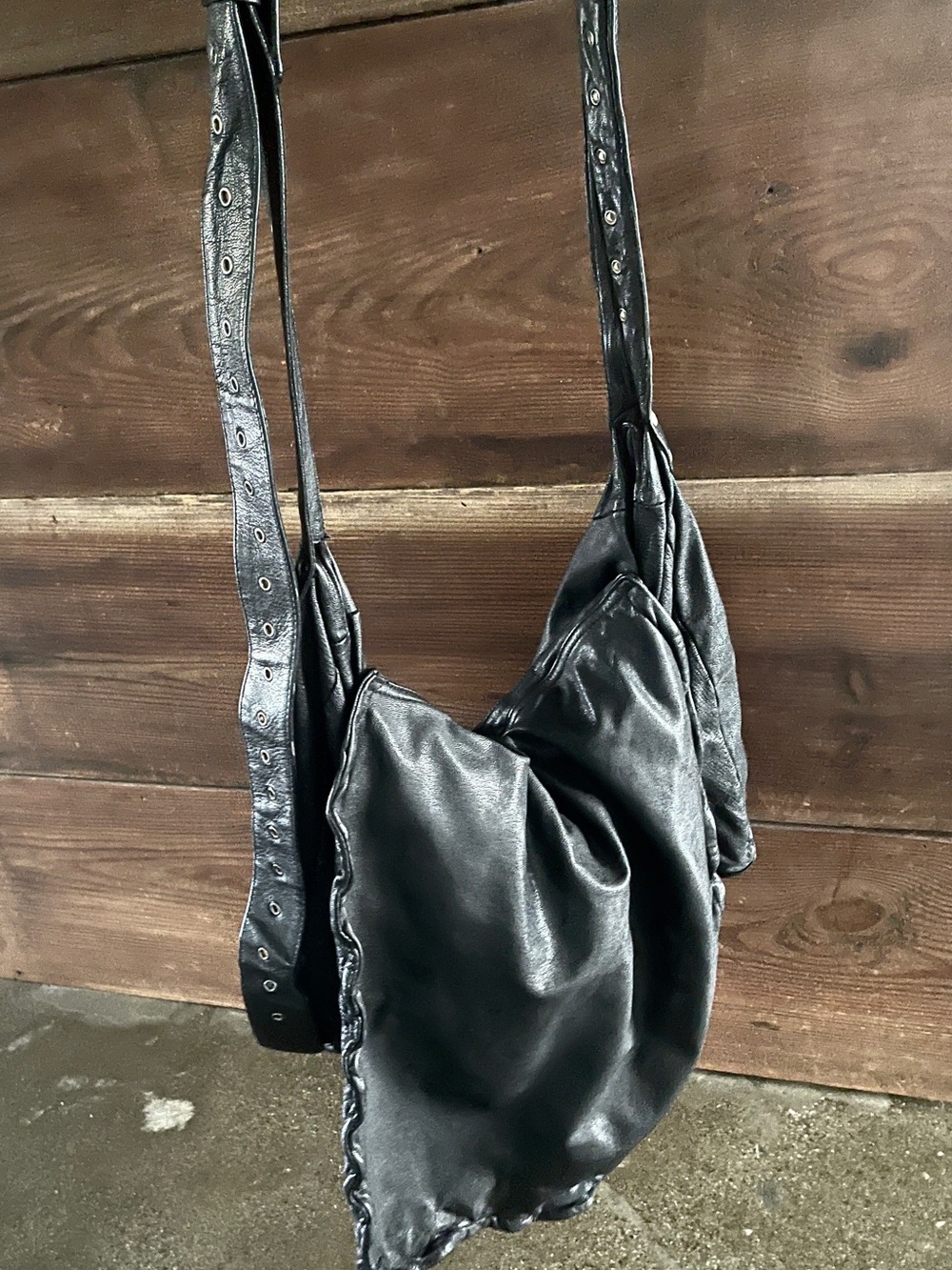 All Saints Black Leather Crossbody Bag with Eyelet Strap. Vintage RARE style.